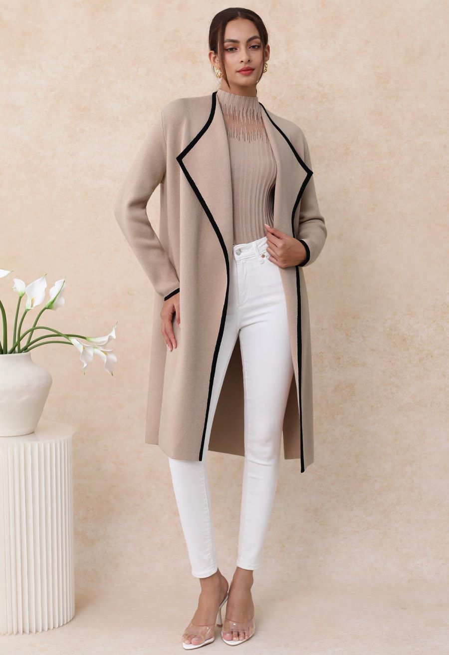 Contrast Edge Open Front Knit Coat in Camel