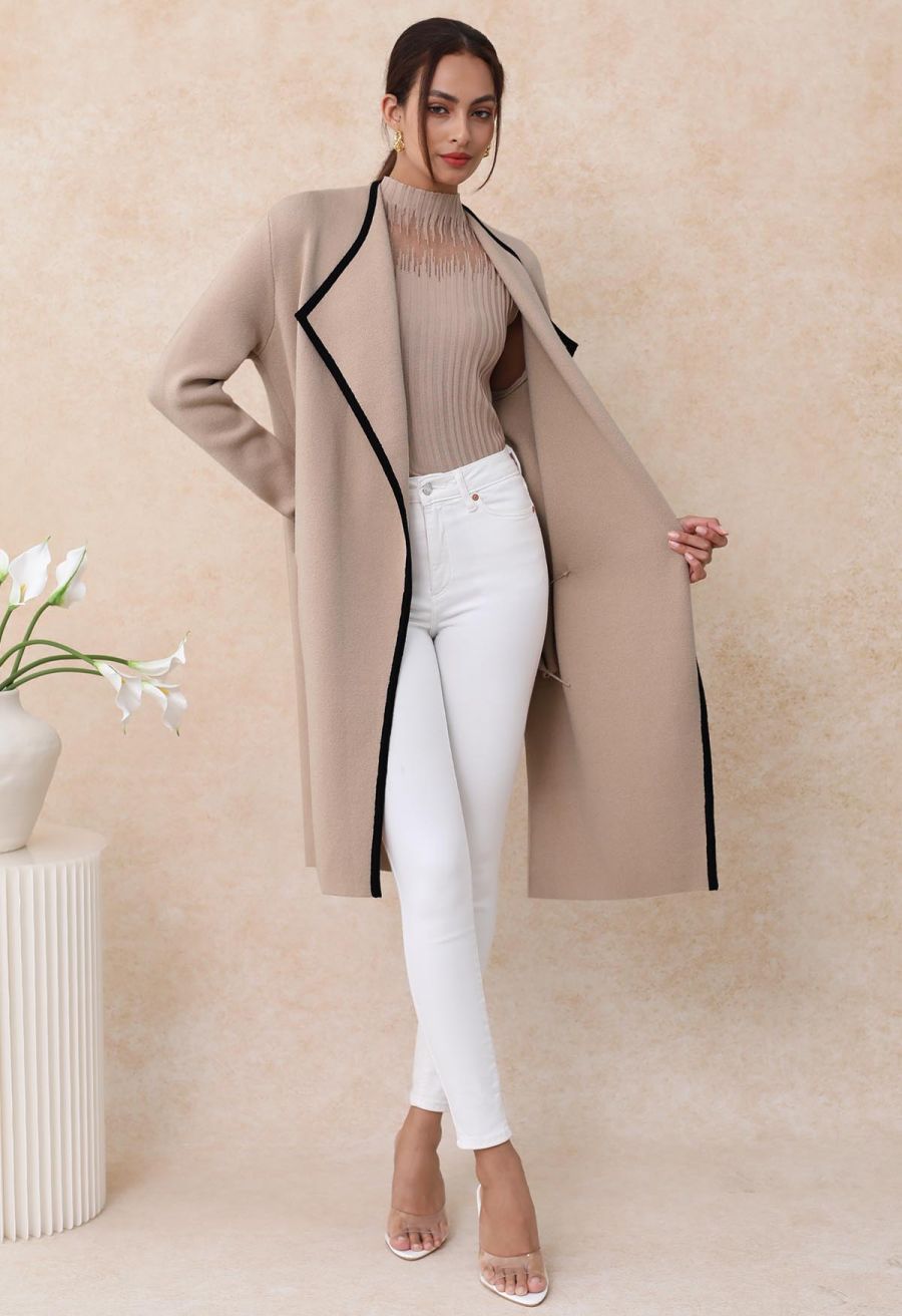 Contrast Edge Open Front Knit Coat in Camel
