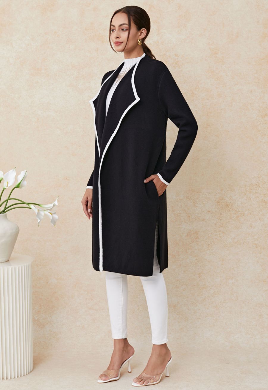 Contrast Edge Open Front Knit Coat in Black