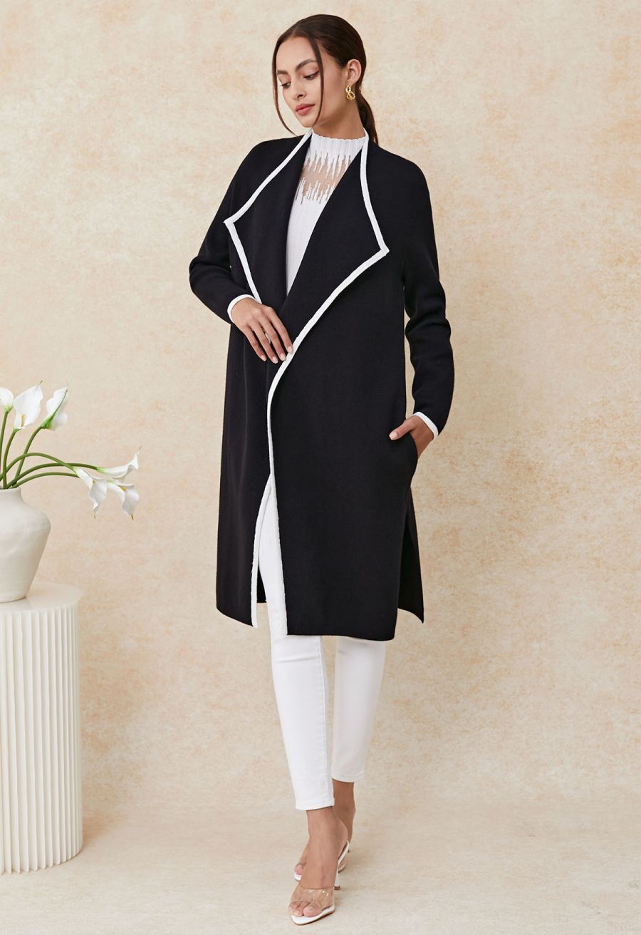 Contrast Edge Open Front Knit Coat in Black
