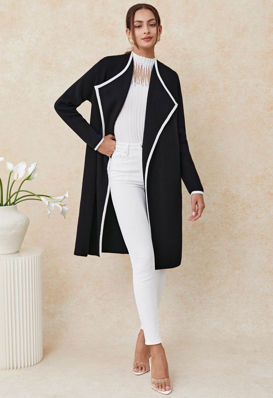 Contrast Edge Open Front Knit Coat in Black