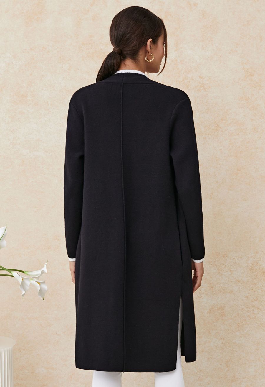 Contrast Edge Open Front Knit Coat in Black