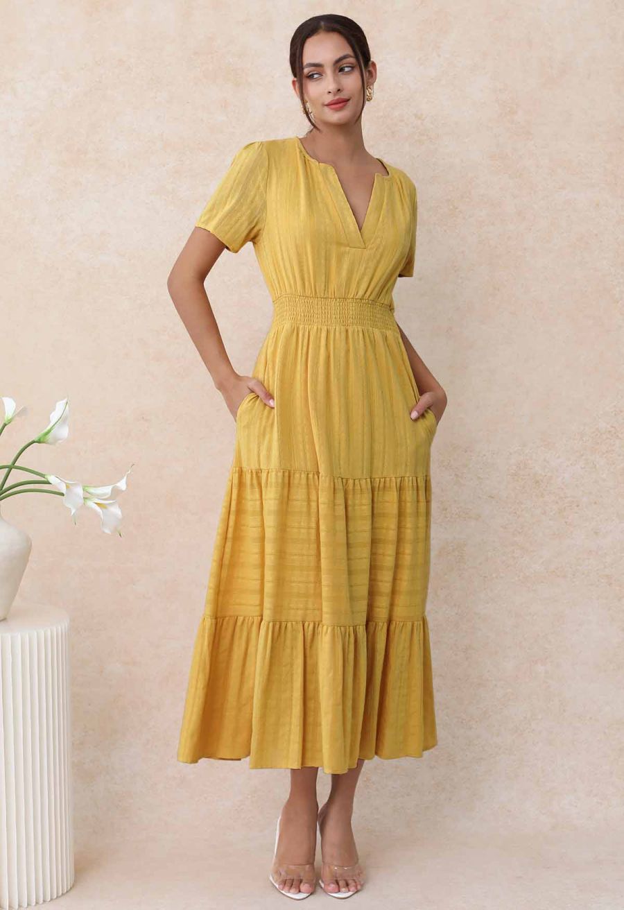 Notch Neckline Floret Eyelet Shirred Cotton Dress in Mustard