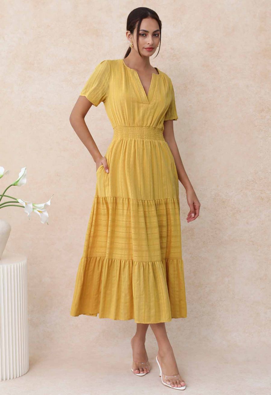 Notch Neckline Floret Eyelet Shirred Cotton Dress in Mustard