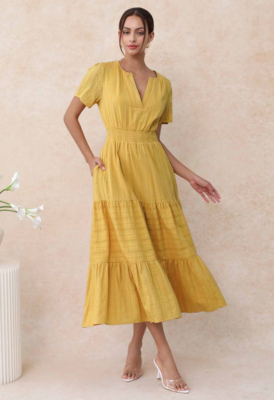 Notch Neckline Floret Eyelet Shirred Cotton Dress in Mustard