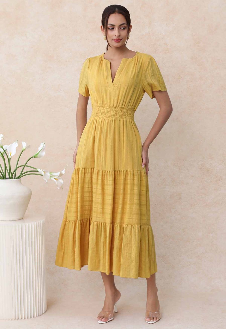 Notch Neckline Floret Eyelet Shirred Cotton Dress in Mustard