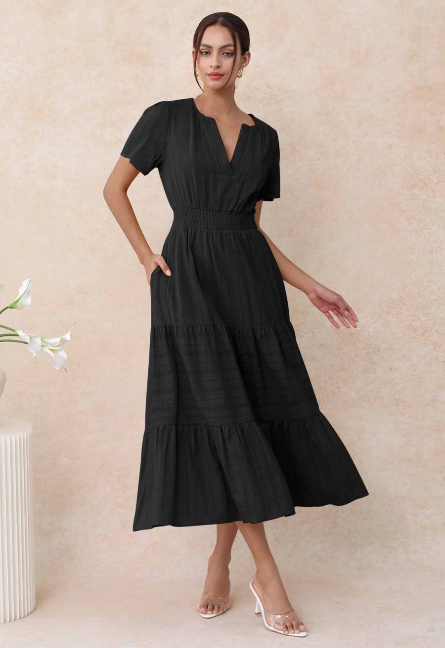 Notch Neckline Floret Eyelet Shirred Cotton Dress in Black