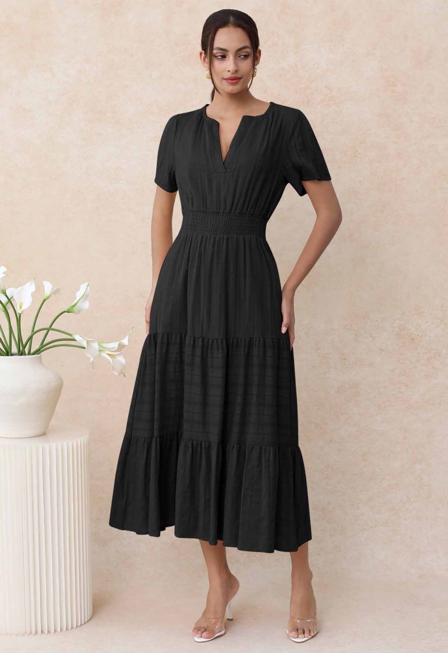 Notch Neckline Floret Eyelet Shirred Cotton Dress in Black