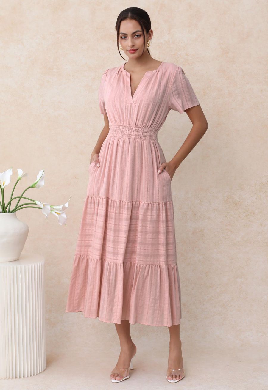 Notch Neckline Floret Eyelet Shirred Cotton Dress in Pink