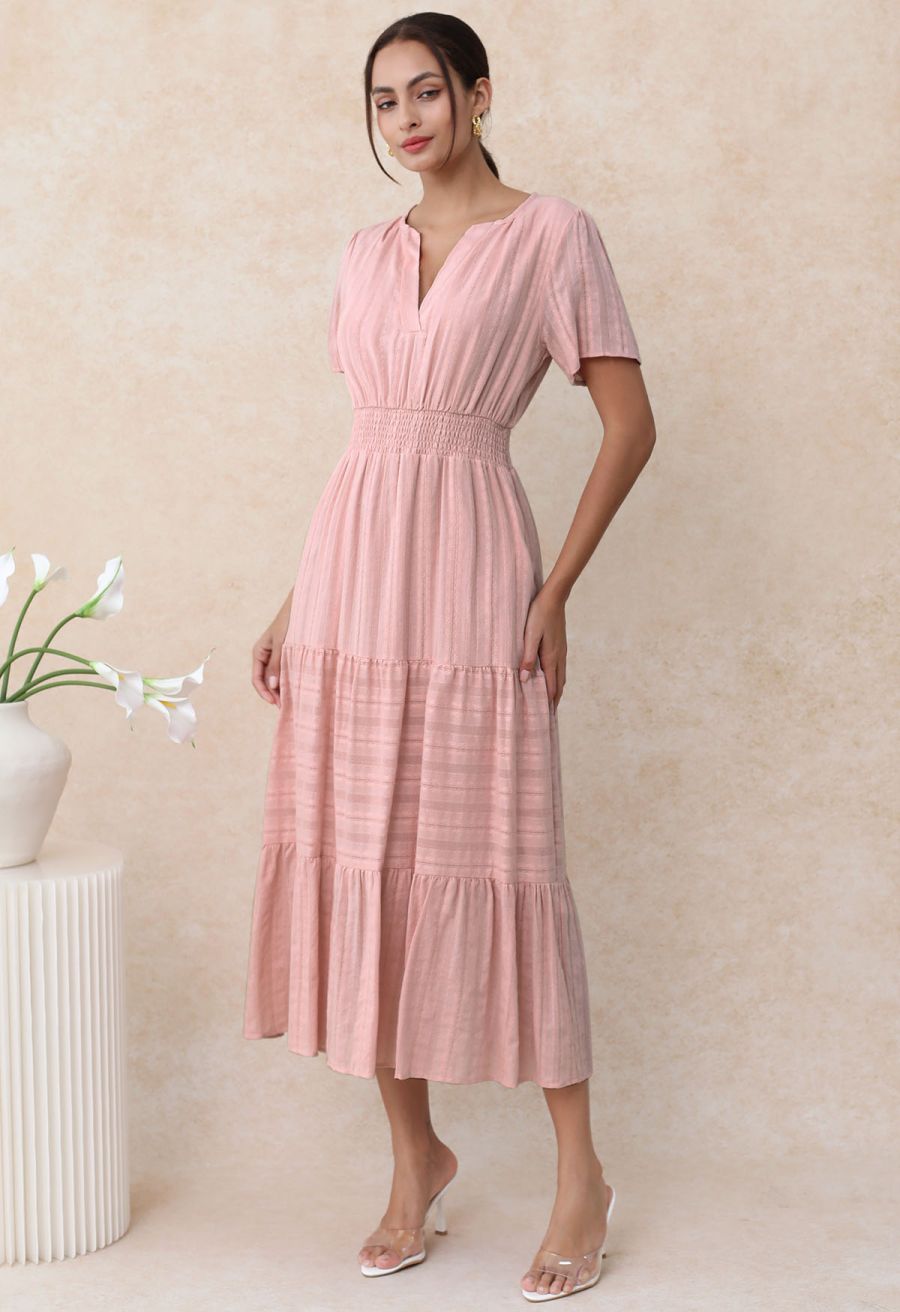 Notch Neckline Floret Eyelet Shirred Cotton Dress in Pink