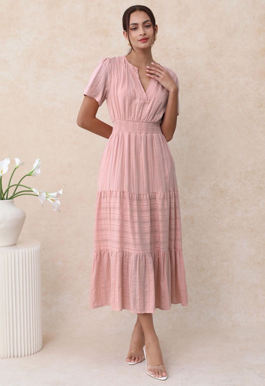Notch Neckline Floret Eyelet Shirred Cotton Dress in Pink