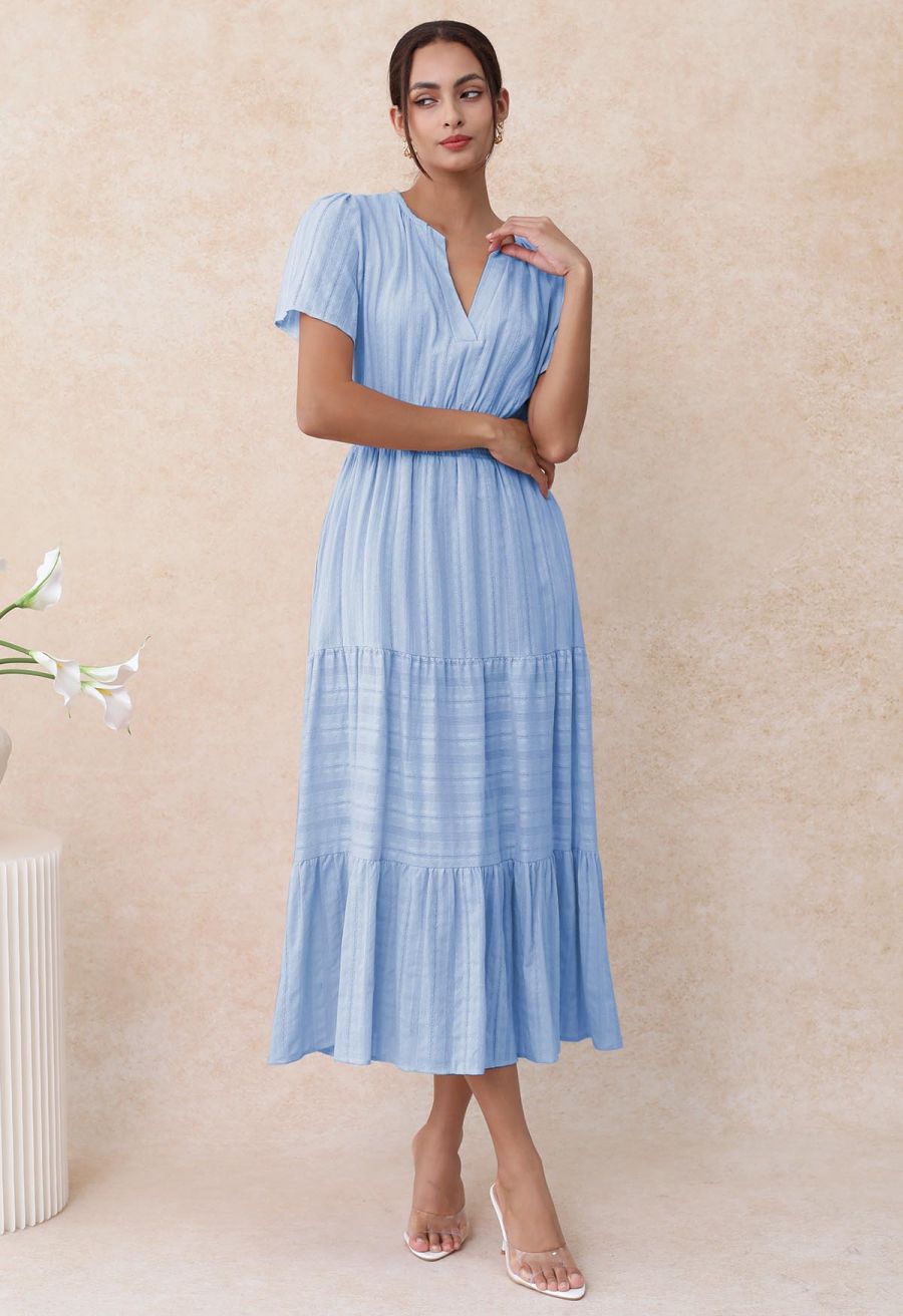 Notch Neckline Floret Eyelet Shirred Cotton Dress in Blue