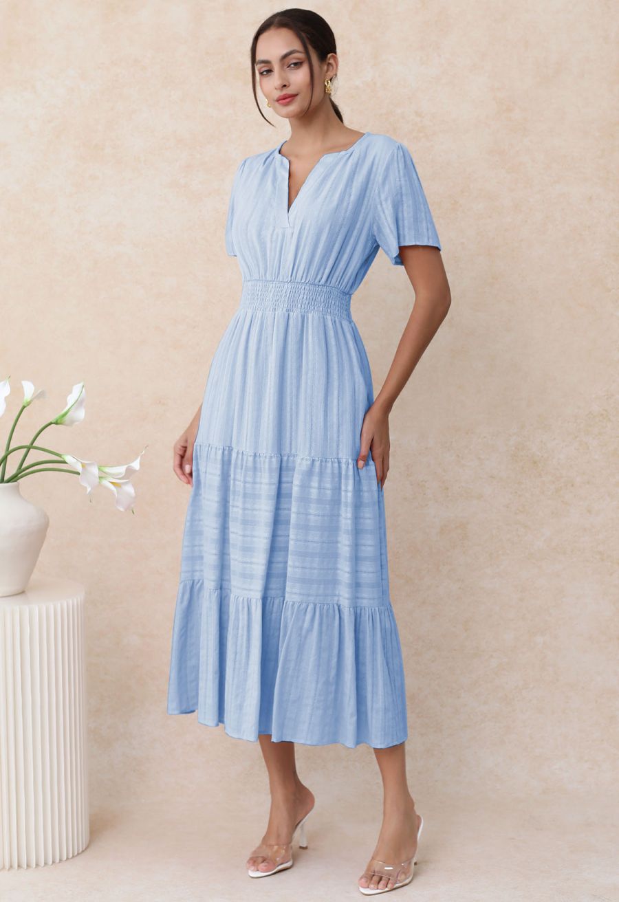 Notch Neckline Floret Eyelet Shirred Cotton Dress in Blue