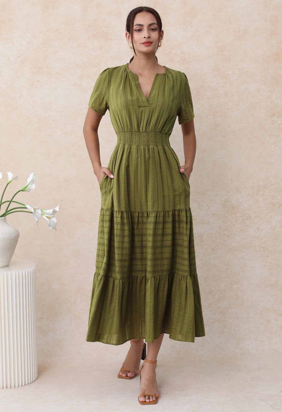 Notch Neckline Floret Eyelet Shirred Cotton Dress in Olive