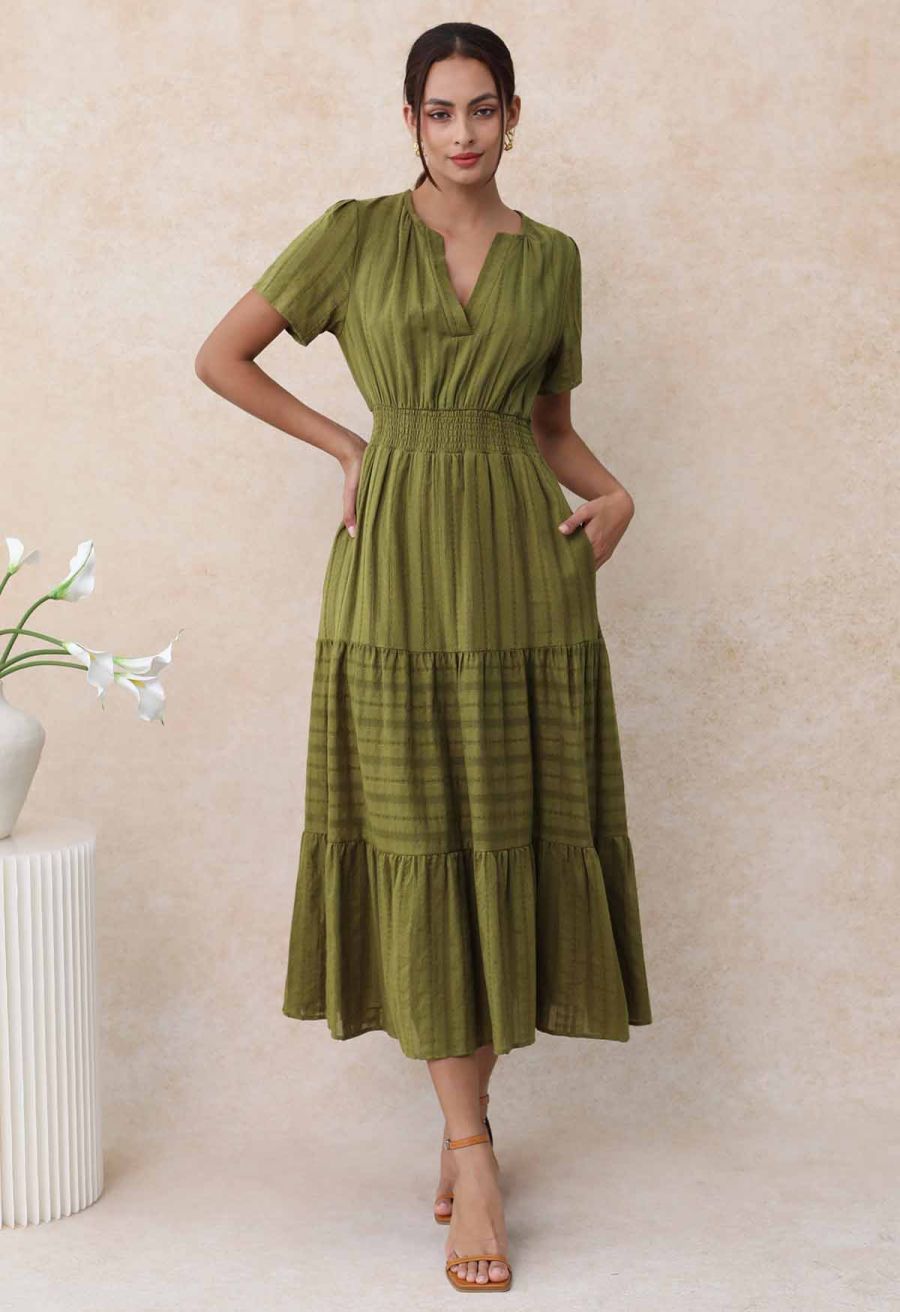 Notch Neckline Floret Eyelet Shirred Cotton Dress in Olive