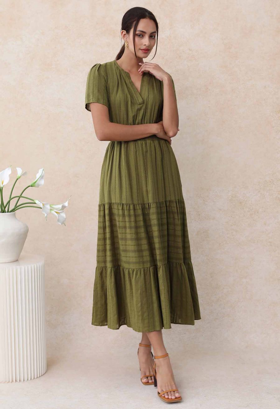 Notch Neckline Floret Eyelet Shirred Cotton Dress in Olive