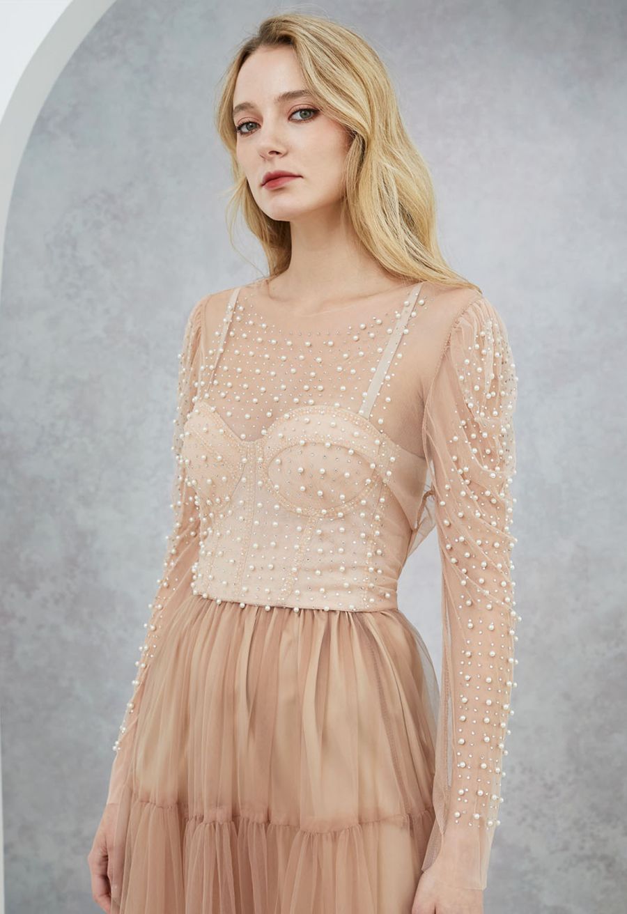 Puff Sleeve Pearl Embellished Sheer Mesh Crop Top in Tan