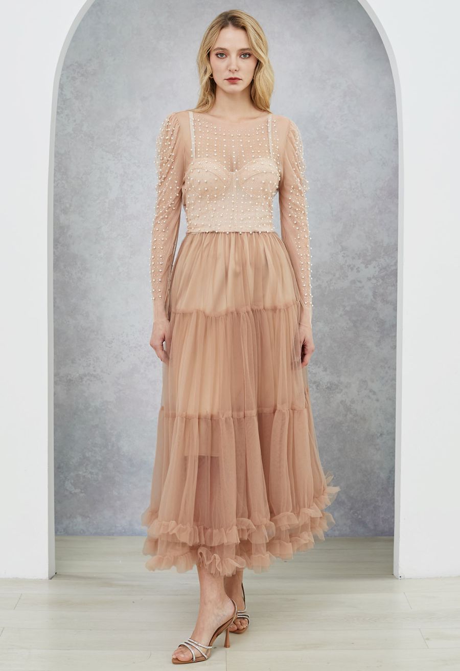 Puff Sleeve Pearl Embellished Sheer Mesh Crop Top in Tan
