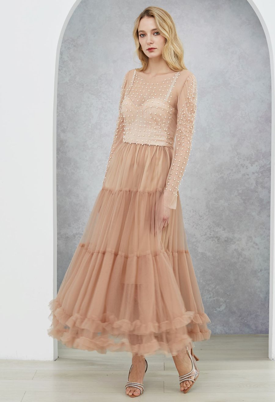 Puff Sleeve Pearl Embellished Sheer Mesh Crop Top in Tan