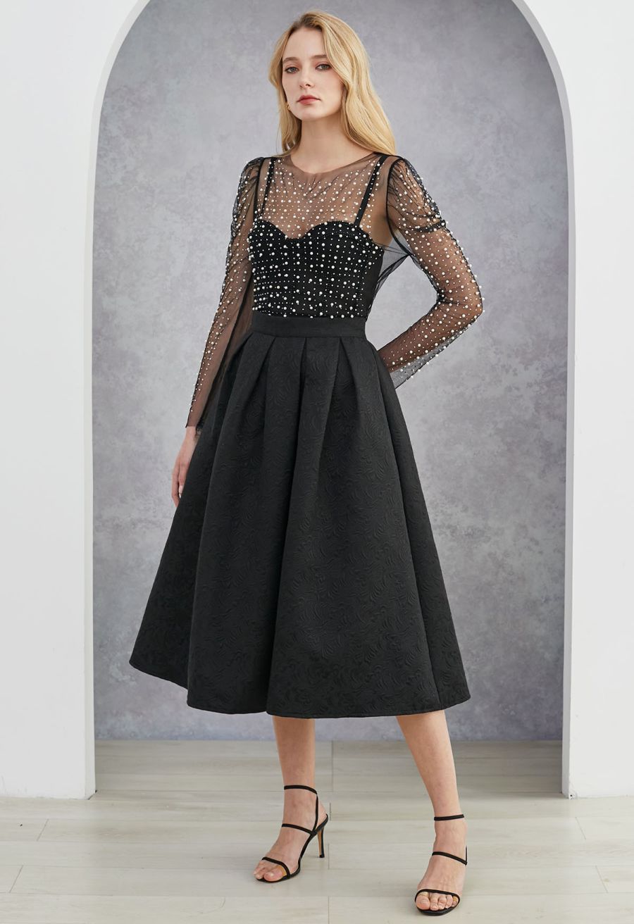 Puff Sleeve Pearl Embellished Sheer Mesh Crop Top in Black
