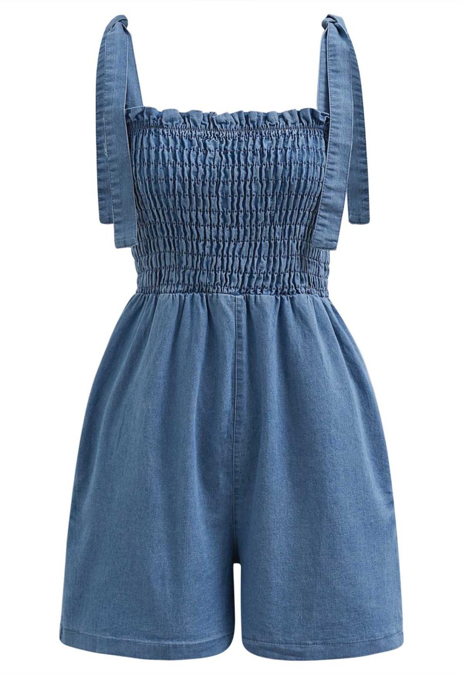 Self-Tie Strap Shirred Denim Playsuit