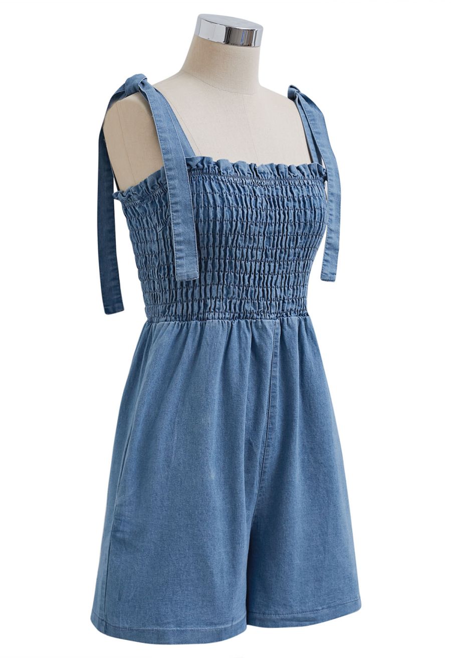 Self-Tie Strap Shirred Denim Playsuit