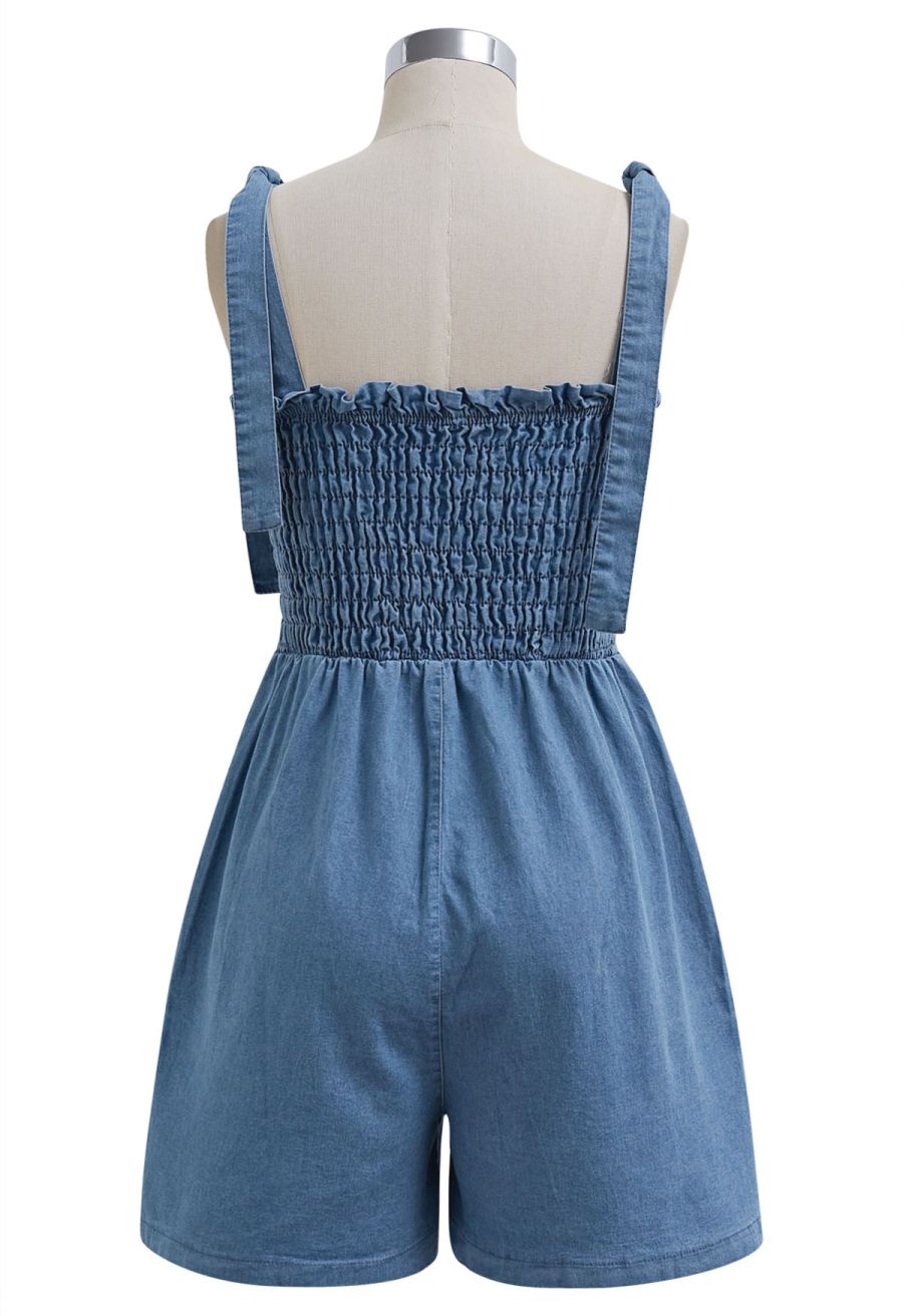 Self-Tie Strap Shirred Denim Playsuit