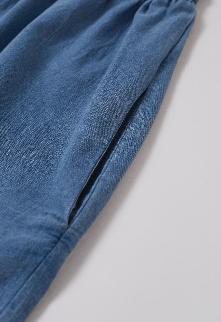 Self-Tie Strap Shirred Denim Playsuit