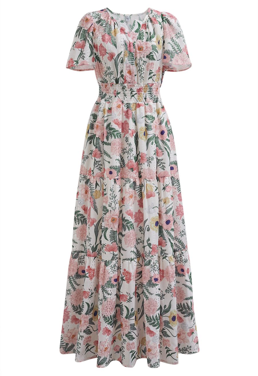 Blushing Pink Floral Eyelet Embroidered Maxi Dress
