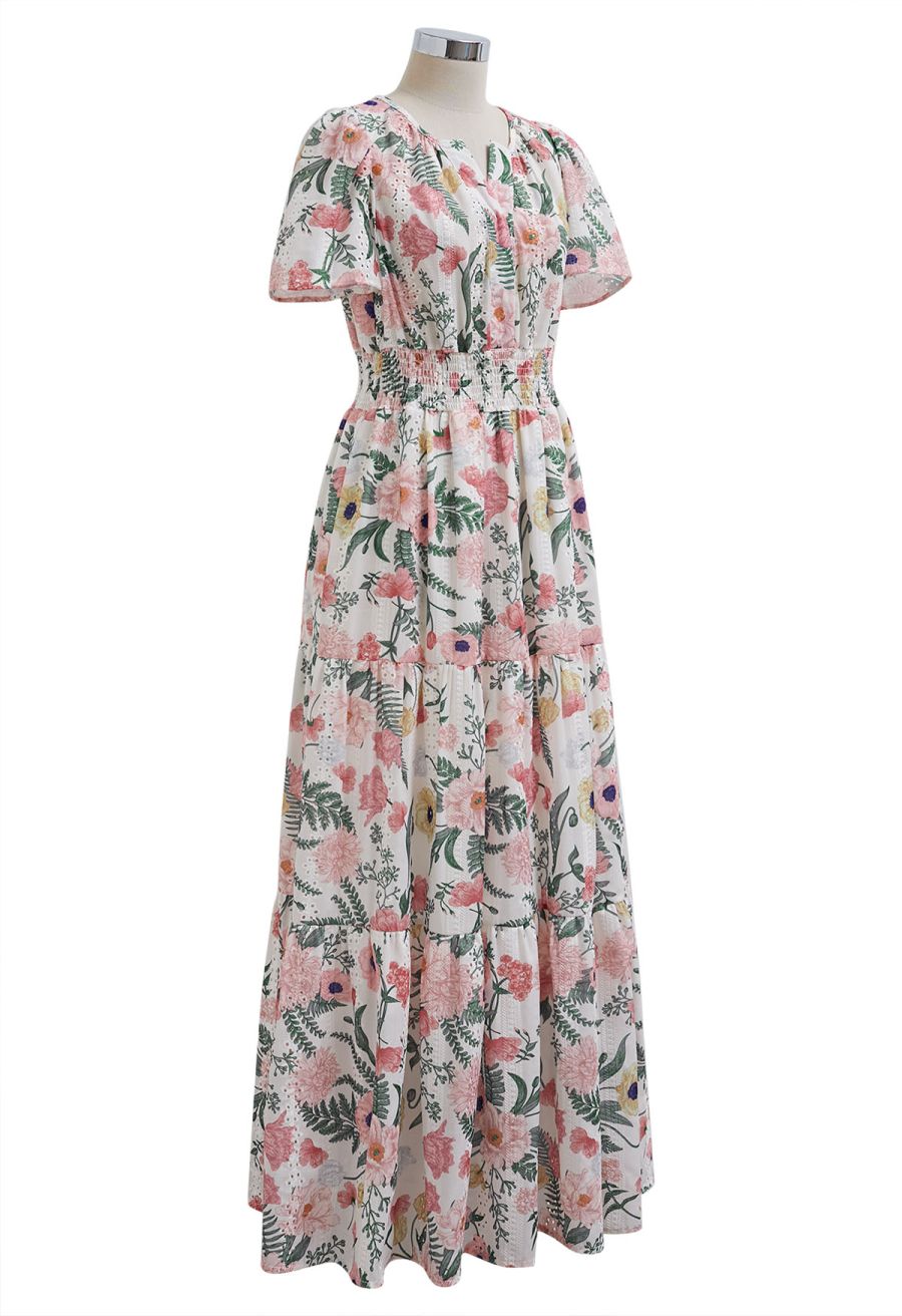 Blushing Pink Floral Eyelet Embroidered Maxi Dress