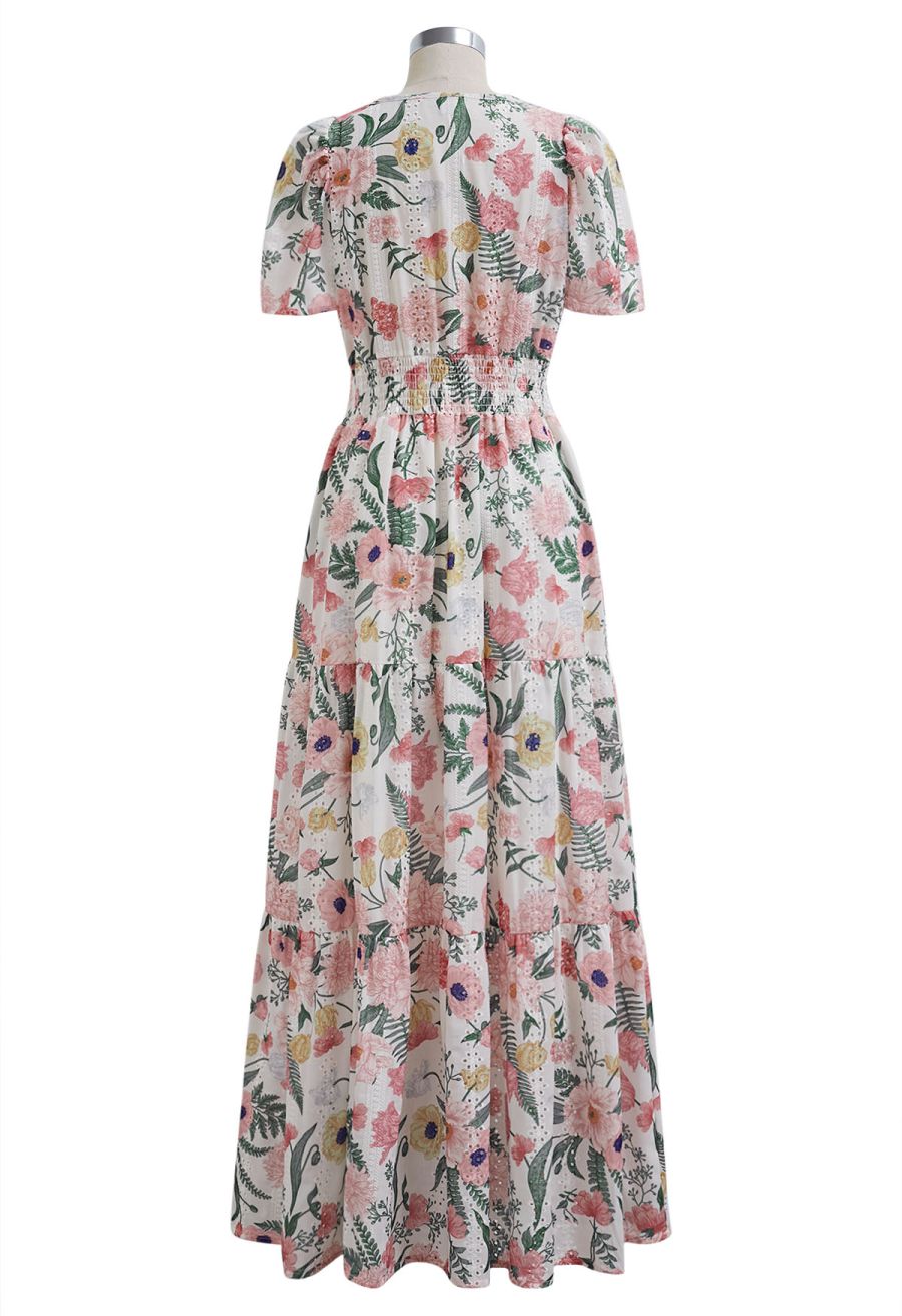 Blushing Pink Floral Eyelet Embroidered Maxi Dress