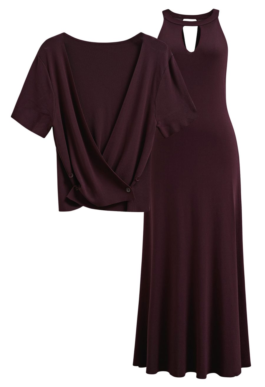 Halter Neck Cutout Wrap Knit Twinset Dress in Plum