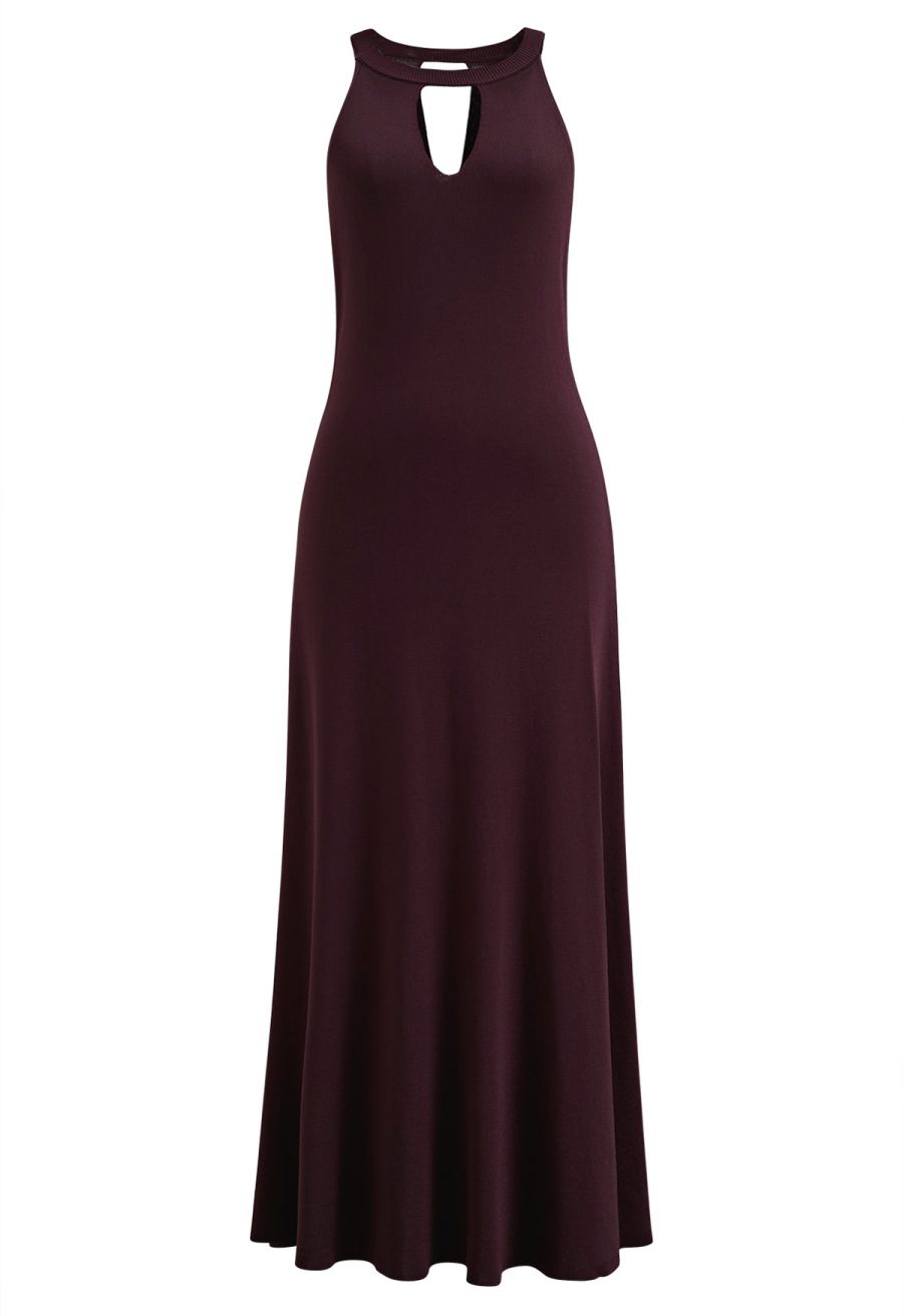 Halter Neck Cutout Wrap Knit Twinset Dress in Plum