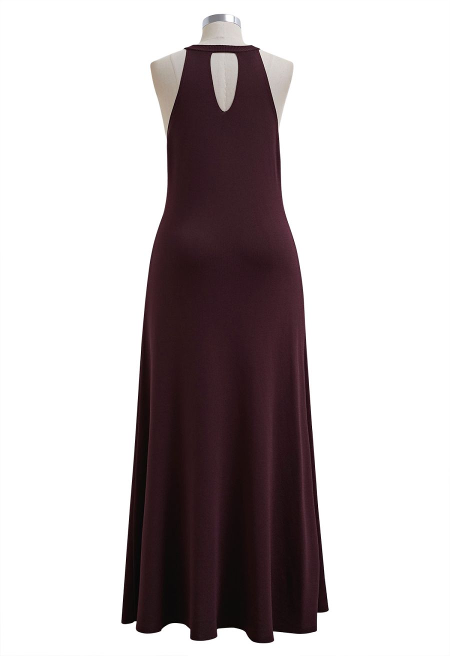 Halter Neck Cutout Wrap Knit Twinset Dress in Plum