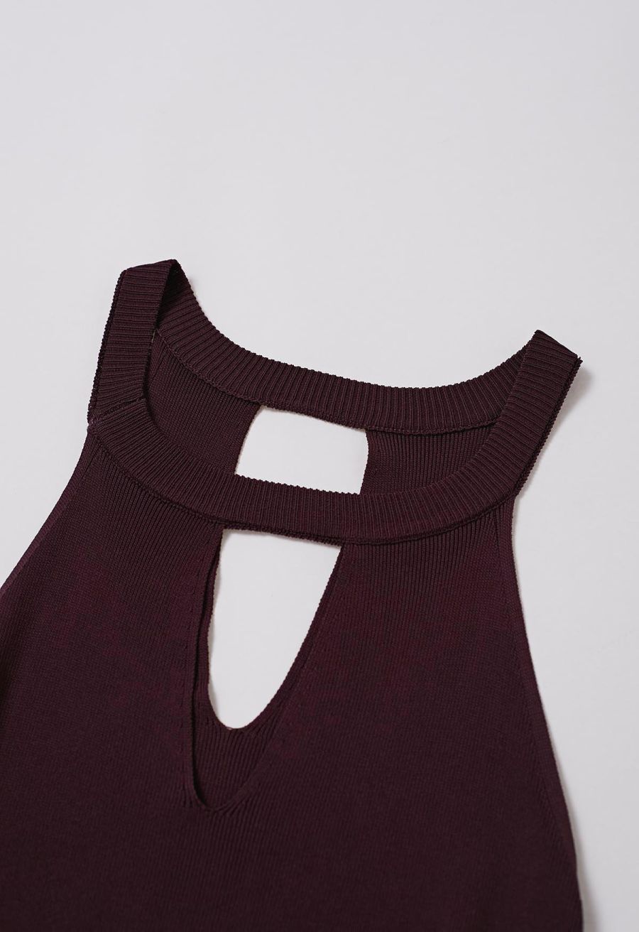 Halter Neck Cutout Wrap Knit Twinset Dress in Plum