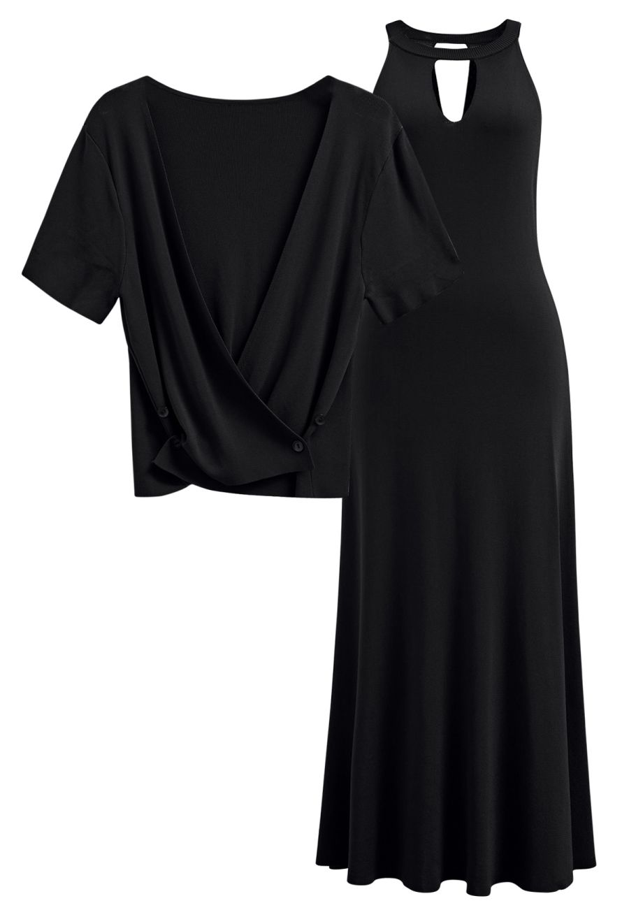 Halter Neck Cutout Wrap Knit Twinset Dress in Black