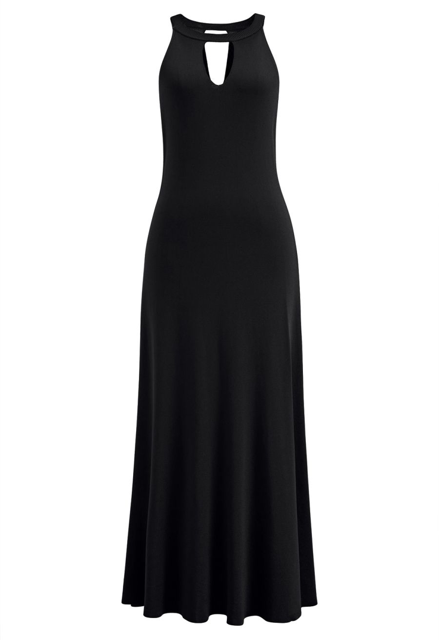 Halter Neck Cutout Wrap Knit Twinset Dress in Black