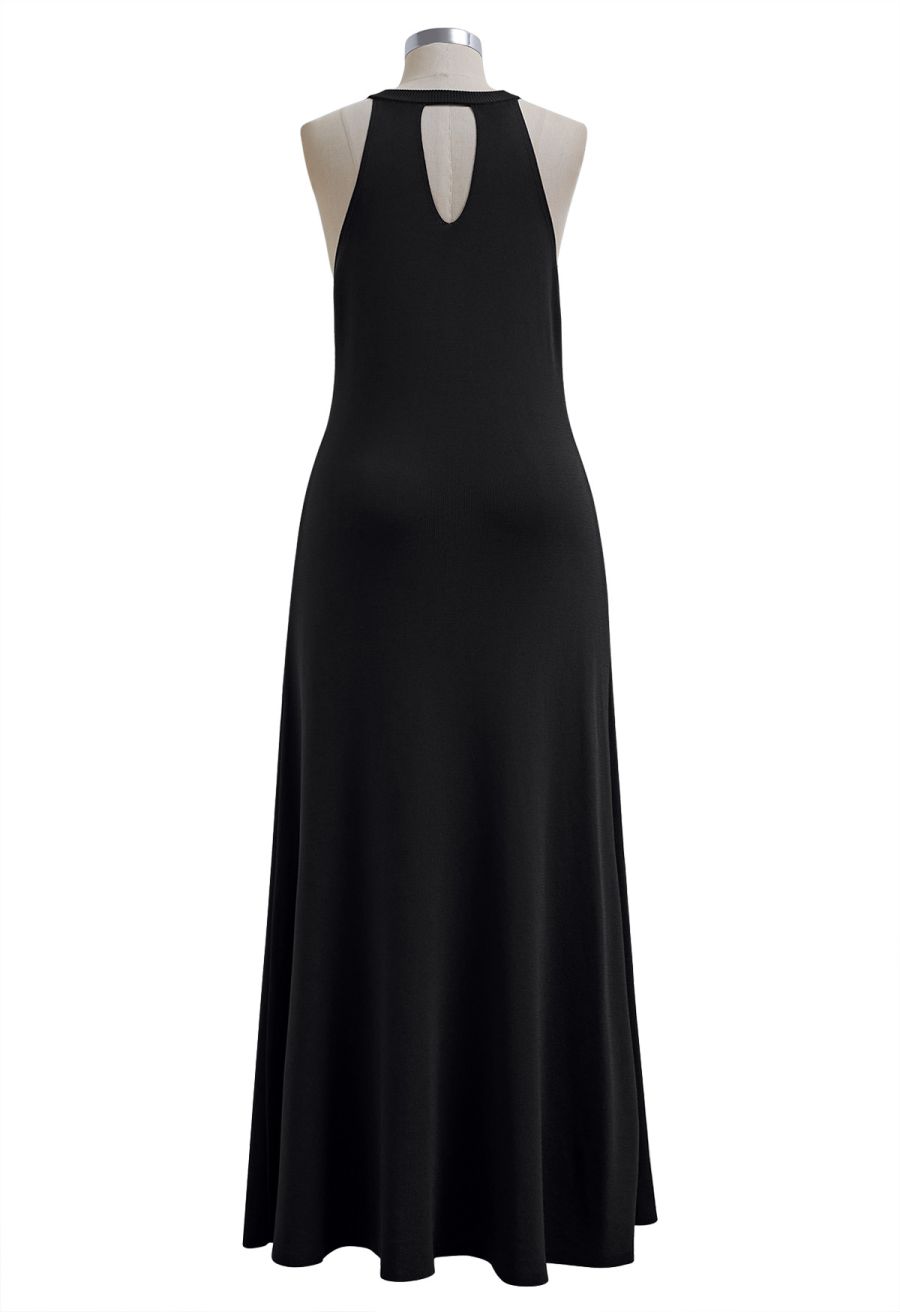 Halter Neck Cutout Wrap Knit Twinset Dress in Black