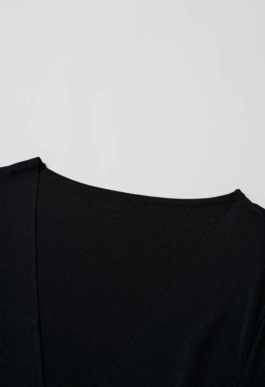 Halter Neck Cutout Wrap Knit Twinset Dress in Black