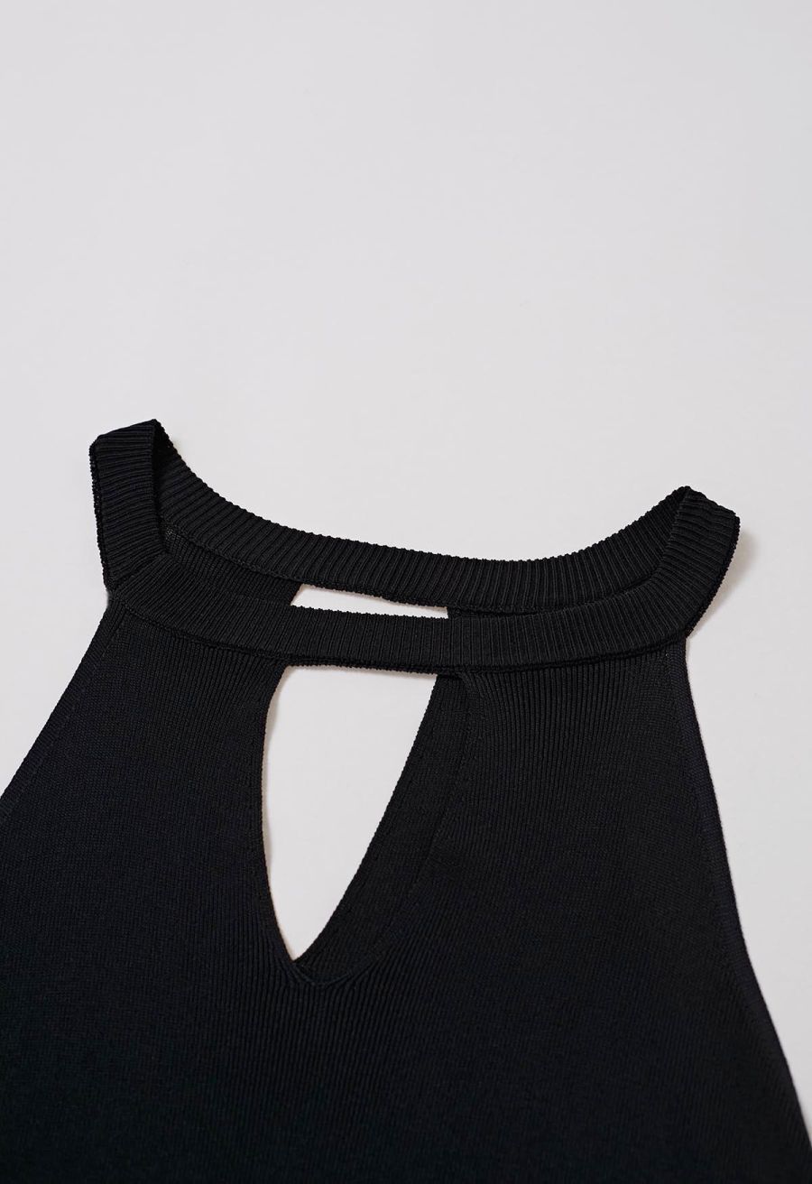 Halter Neck Cutout Wrap Knit Twinset Dress in Black