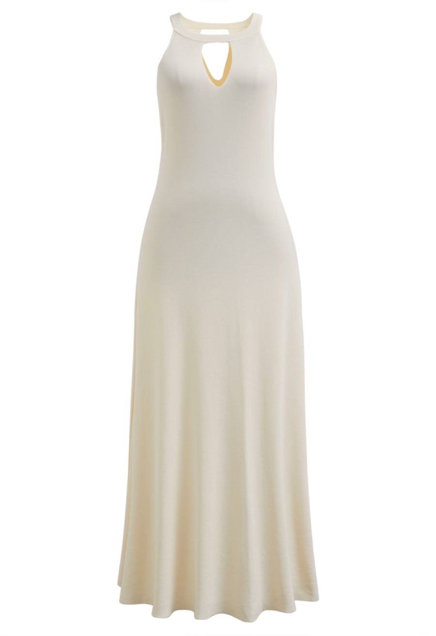 Halter Neck Cutout Wrap Knit Twinset Dress in Cream