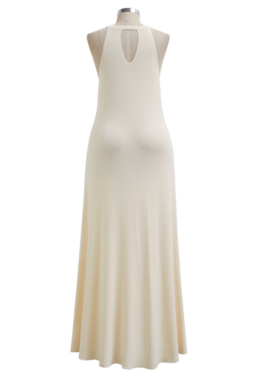 Halter Neck Cutout Wrap Knit Twinset Dress in Cream