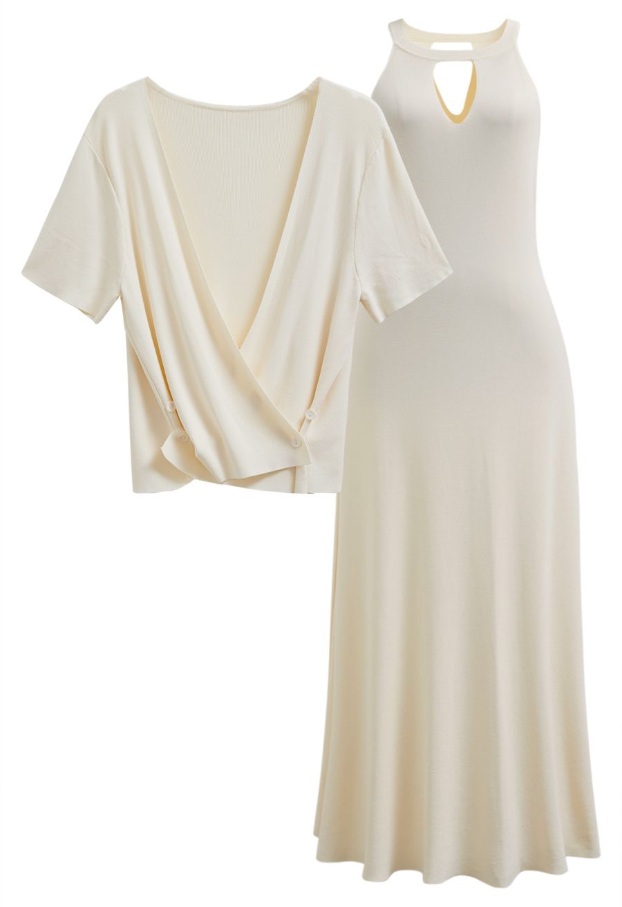 Halter Neck Cutout Wrap Knit Twinset Dress in Cream