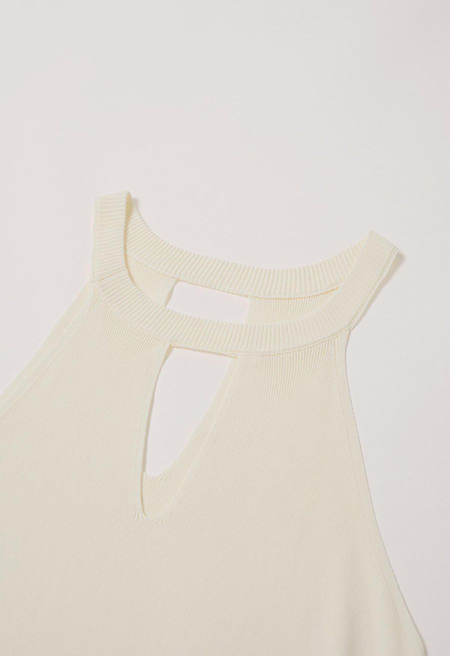 Halter Neck Cutout Wrap Knit Twinset Dress in Cream