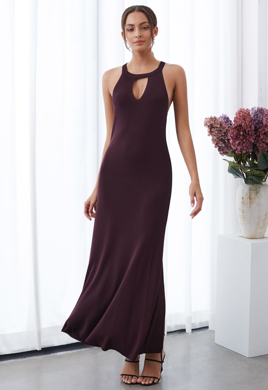 Halter Neck Cutout Wrap Knit Twinset Dress in Plum