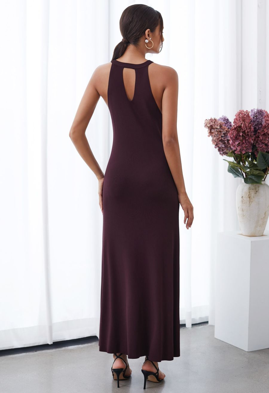 Halter Neck Cutout Wrap Knit Twinset Dress in Plum