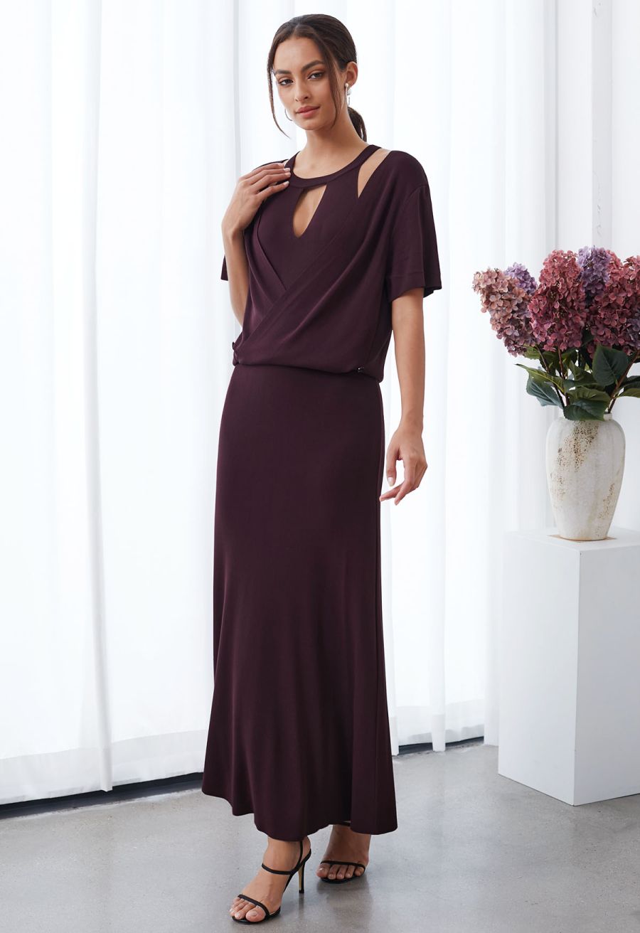 Halter Neck Cutout Wrap Knit Twinset Dress in Plum