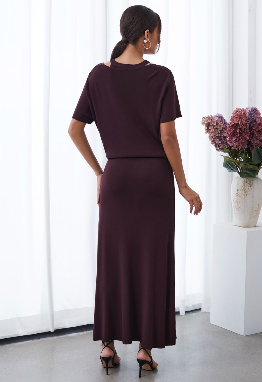 Halter Neck Cutout Wrap Knit Twinset Dress in Plum