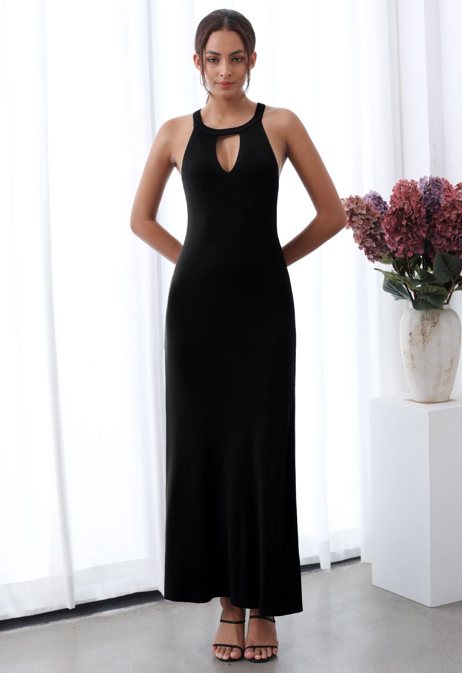 Halter Neck Cutout Wrap Knit Twinset Dress in Black