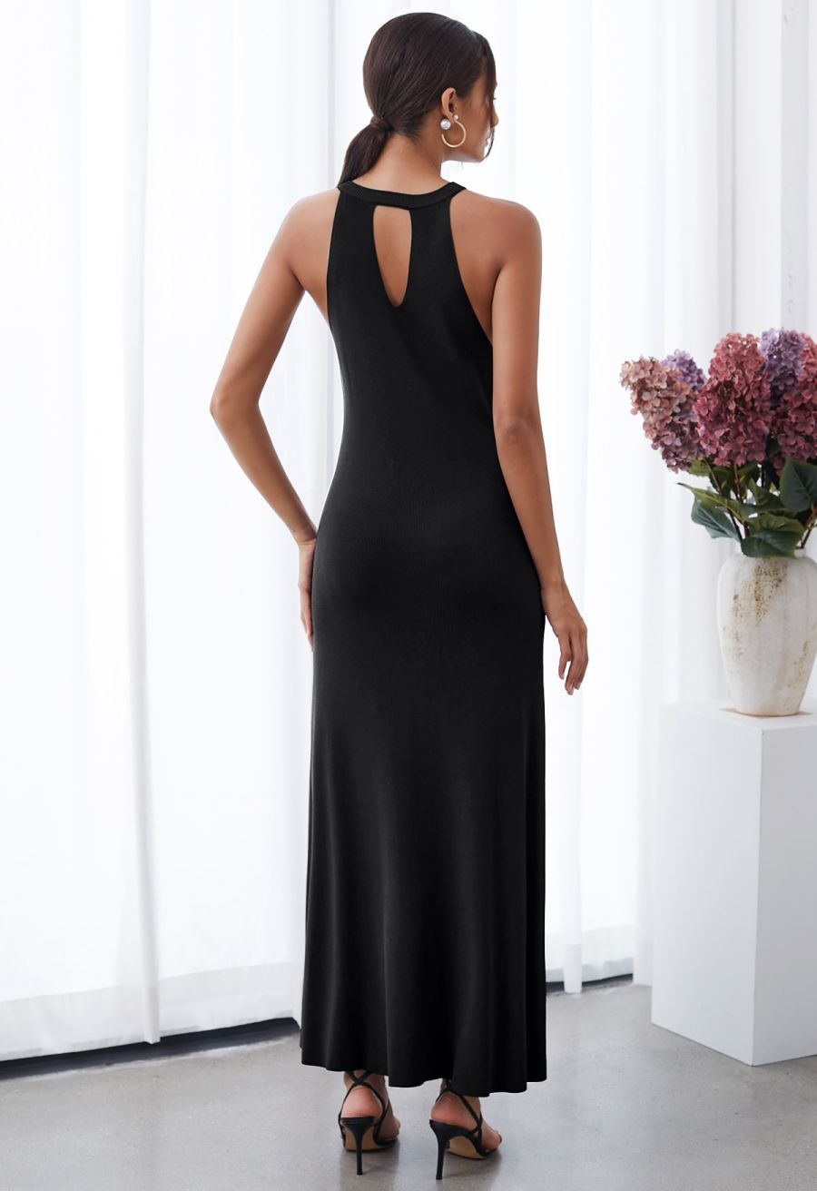 Halter Neck Cutout Wrap Knit Twinset Dress in Black